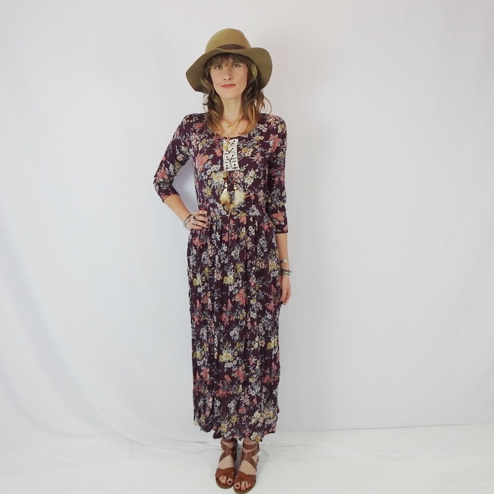 70's Style Maxi Dress w Feather and Bead Neckline